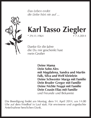 Traueranzeige von Karl Tasso Ziegler von Pegnitz-Zeitung